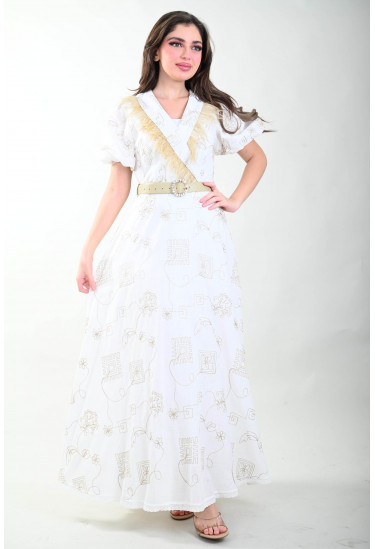 فستان بنقوش زخرفية بلون ذهبي
