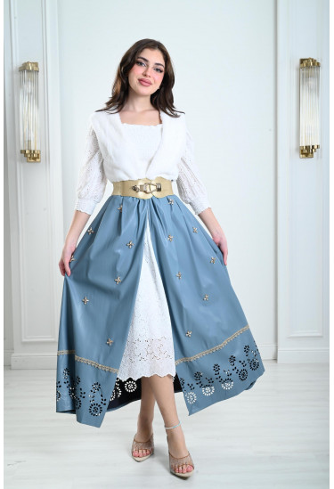 فستان نسائي بتنورة جلد مزخرفة فستان نسائي بتنورة جلد مزخرفة