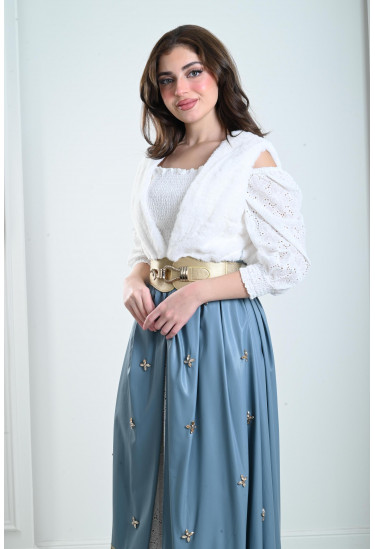 فستان نسائي بتنورة جلد مزخرفة فستان نسائي بتنورة جلد مزخرفة