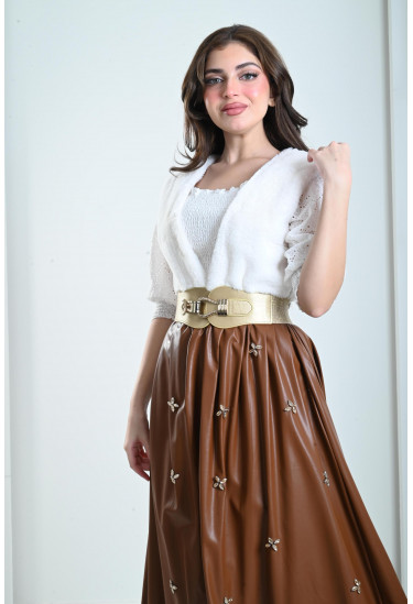 فستان نسائي بتنورة جلد مزخرفة فستان نسائي بتنورة جلد مزخرفة