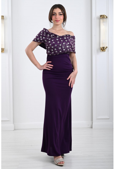 فستان سهرة وان شولدر مطرز