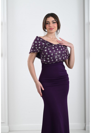 فستان سهرة وان شولدر مطرز