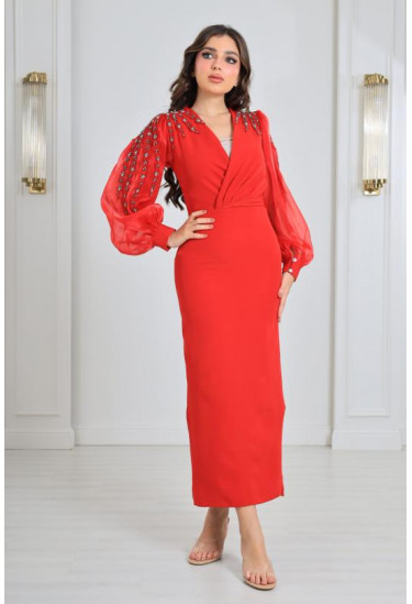 فستان سهرة باكمام منفوخة مطرزة 