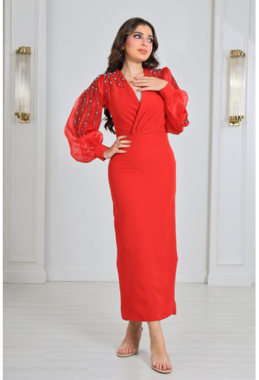 فستان سهرة باكمام منفوخة مطرزة 