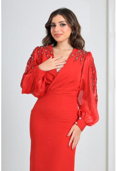 فستان سهرة باكمام منفوخة مطرزة 