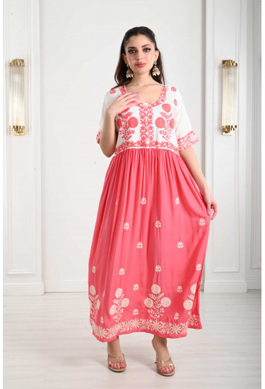 جلابية ميدي مطرز بزهور منسوجة بارزة