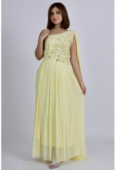 فستان سهرة بتصميم كتف واحد وتطريز متلألئ فستان سهرة بتصميم كتف واحد وتطريز متلألئ
