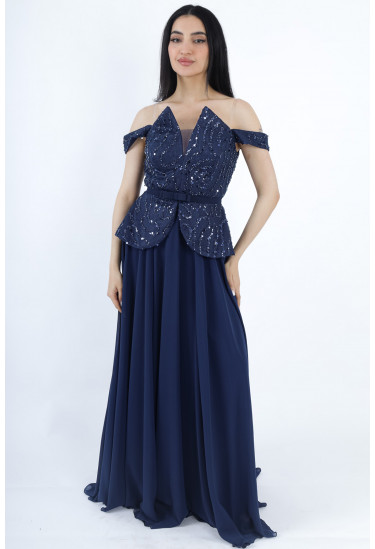 فستان سهرة أنيق بتطريز لامع وتصميم أوف شولدر