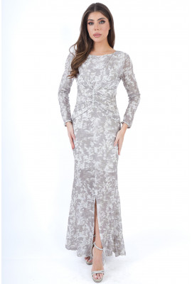 فستان سهرة طويل بطباعات زهرية و قصة أنيقة 