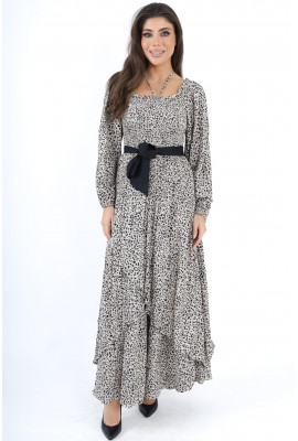 فستان بنقشة جلد الفهد بأكمام طويلة