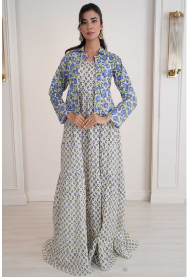 فستان أنيق واسع مع جاكيت قصير مزين بنقوش فستان أنيق واسع مع جاكيت قصير مزين بنقوش