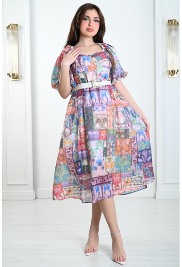 فستان ميدي بنقوشات متنوعة فستان ميدي بنقوشات متنوعة