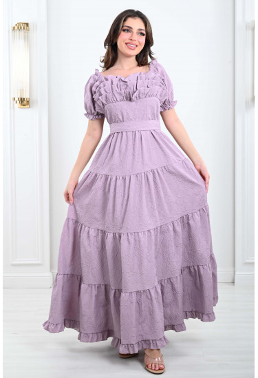 فستان نسائي طويل بكشكشة علي الصدر 