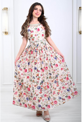 فستان مشجر بالزهور مزين بستراس لامع 