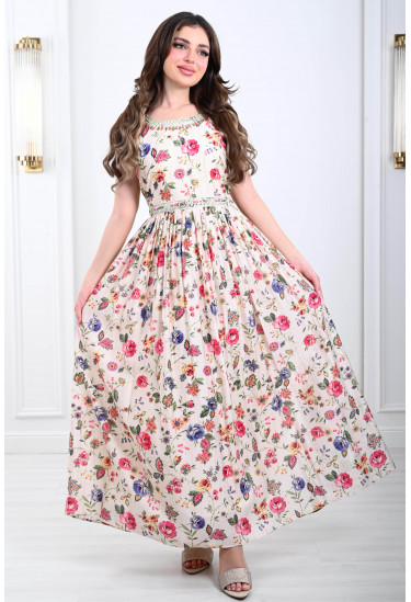 فستان مشجر بالزهور مزين بستراس لامع 