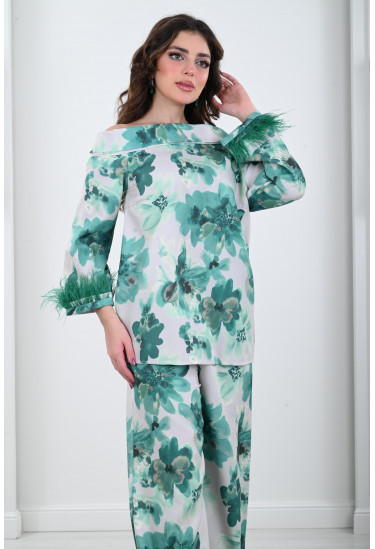 طقم نسائي ( بلوزة قصة الأوف شولدر - بنطال )