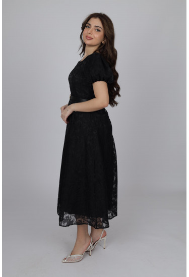 فستان ميدي دانتيل بأكمام منفوشة وحزام خصر