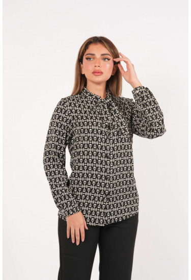 بلوزة كلاسيكيه أنيقة مطبوعة بنقوش هندسية متكررة بلوزة كلاسيكيه أنيقة مطبوعة بنقوش هندسية متكررة