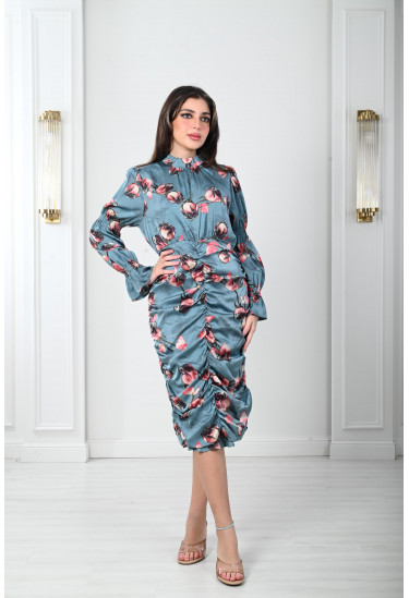 فستان ستان ميدي بكشكشة بسيطة