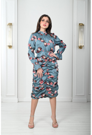 فستان ستان ميدي بكشكشة بسيطة