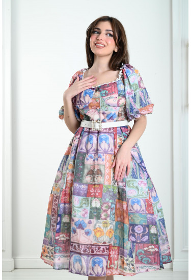 فستان ميدي بنقوشات متنوعة فستان ميدي بنقوشات متنوعة