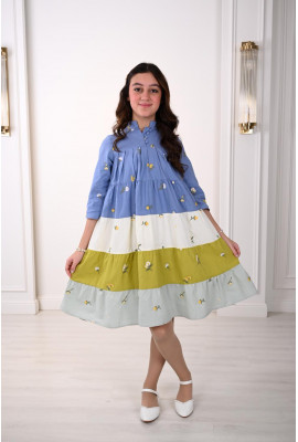 فستان بناتي كاجوال بأكمام متوسطة وتصميم طبقات أنيق