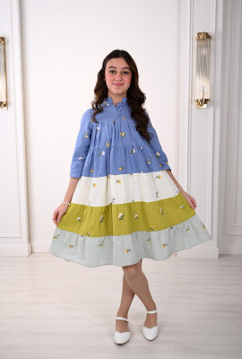 فستان بناتي كاجوال بأكمام متوسطة وتصميم طبقات أنيق