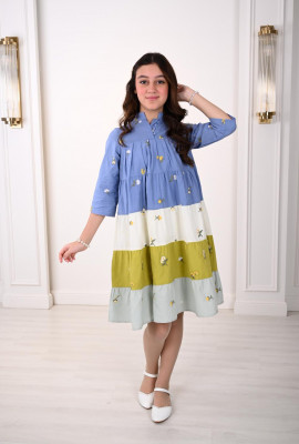 فستان بناتي كاجوال بأكمام متوسطة وتصميم طبقات أنيق