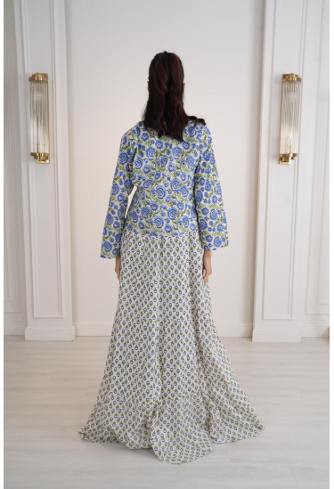 فستان أنيق واسع مع جاكيت قصير مزين بنقوش فستان أنيق واسع مع جاكيت قصير مزين بنقوش