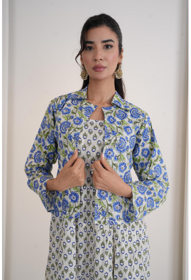 فستان أنيق واسع مع جاكيت قصير مزين بنقوش فستان أنيق واسع مع جاكيت قصير مزين بنقوش