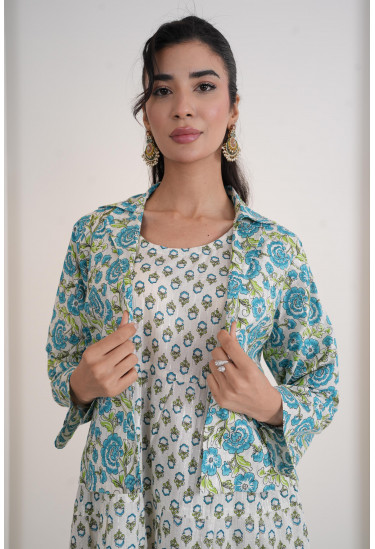 فستان أنيق واسع مع جاكيت قصير مزين بنقوش فستان أنيق واسع مع جاكيت قصير مزين بنقوش