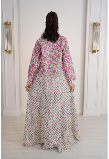 فستان أنيق واسع مع جاكيت قصير مزين بنقوش فستان أنيق واسع مع جاكيت قصير مزين بنقوش