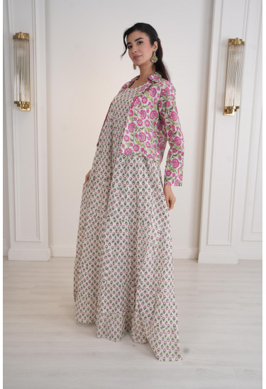 فستان أنيق واسع مع جاكيت قصير مزين بنقوش فستان أنيق واسع مع جاكيت قصير مزين بنقوش