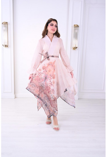 فستان نسائي ناعم بتصميم غير متماثل ونقشات أنيقة