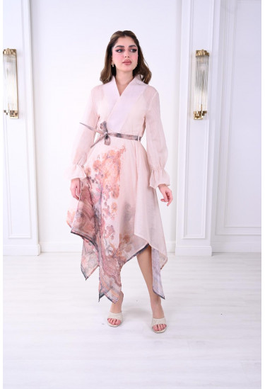 فستان نسائي ناعم بتصميم غير متماثل ونقشات أنيقة