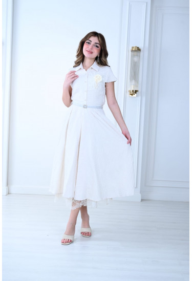 فستان ميدي بأكمام قصيرة وتصميم كلاسيكي