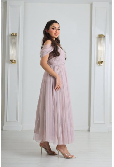 فستان سهرة لمسة ناعمة باكتاف المنسدلة