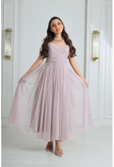 فستان سهرة لمسة ناعمة باكتاف المنسدلة