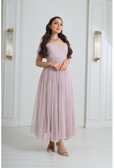 فستان سهرة لمسة ناعمة باكتاف المنسدلة