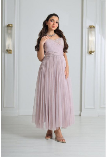 فستان سهرة لمسة ناعمة باكتاف المنسدلة