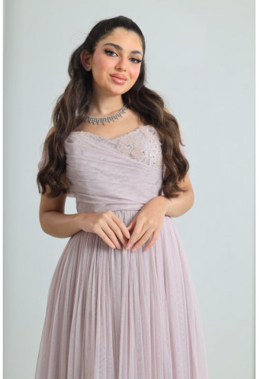 فستان سهرة لمسة ناعمة باكتاف المنسدلة