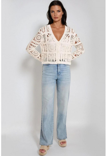 بلوزة كروشيه نسائي  بأكمام طويلة