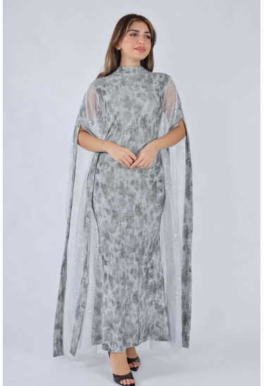 فستان سهرة نسائي مطبع مع كاب شيفون لامع