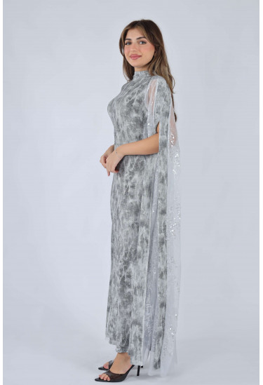 فستان سهرة نسائي مطبع مع كاب شيفون لامع