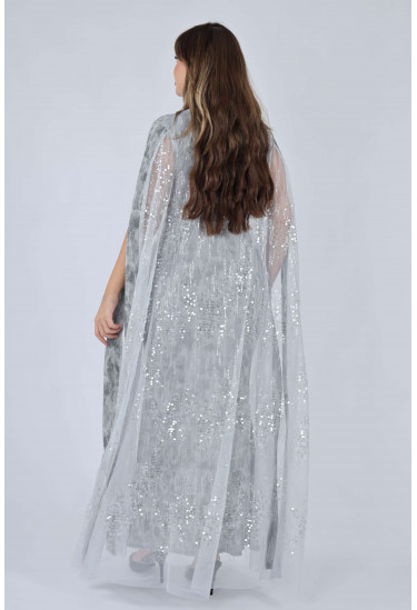 فستان سهرة نسائي مطبع مع كاب شيفون لامع