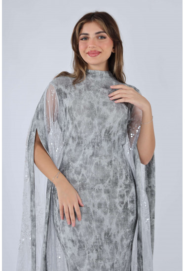 فستان سهرة نسائي مطبع مع كاب شيفون لامع