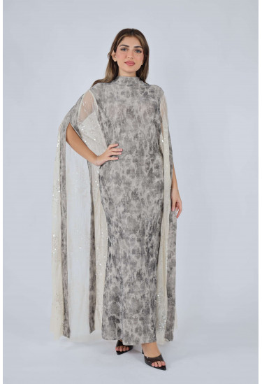 فستان سهرة نسائي مطبع مع كاب شيفون لامع