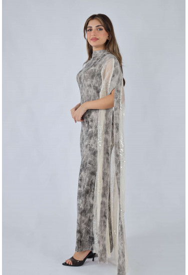 فستان سهرة نسائي مطبع مع كاب شيفون لامع