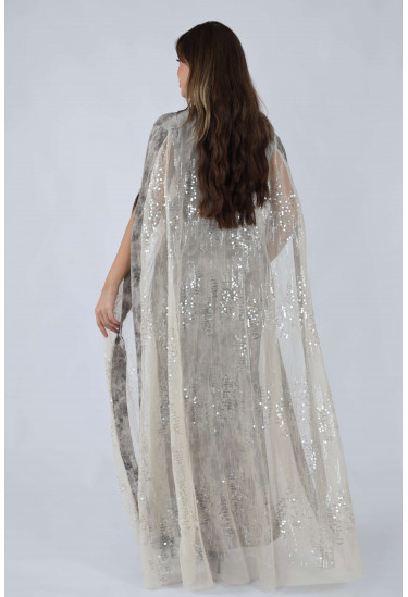 فستان سهرة نسائي مطبع مع كاب شيفون لامع