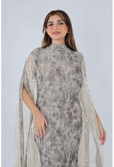 فستان سهرة نسائي مطبع مع كاب شيفون لامع